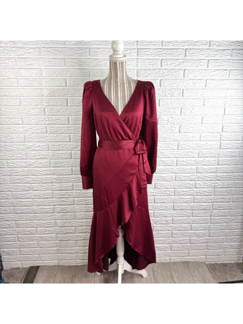 Express Ruby Burgundy Textured Faux Wrap Ruffle High Low Maxi Dress Sz Small NWT
